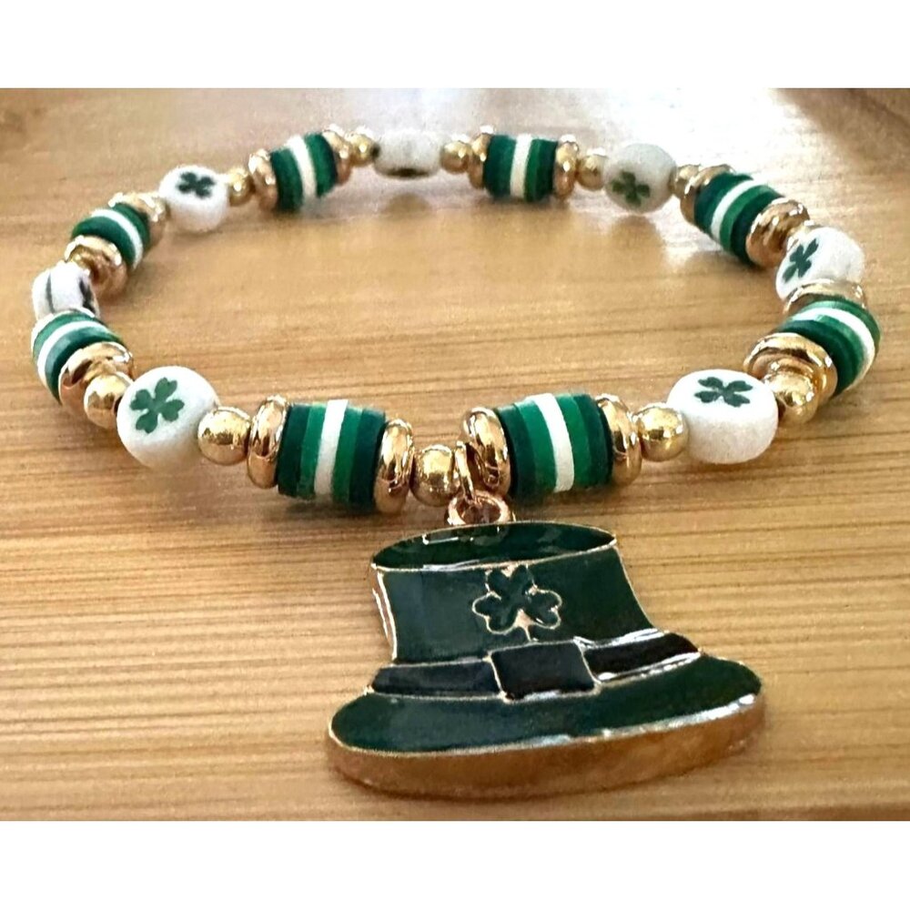 St Patricks Day Bracelet New Beaded Leprechaun Har Shamrock Four Leaf Cl…